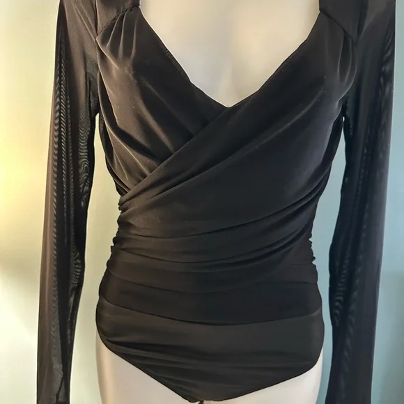 Lulu's Black Wrap Ruched Long Sleeve Bodysuit Large - Picture 2 of 7